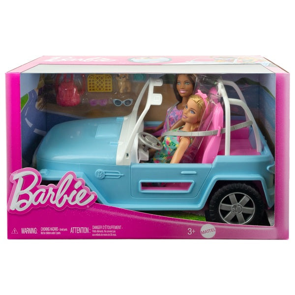 Barbie Jeep with 2 Dolls, Puppy and Accessories Set