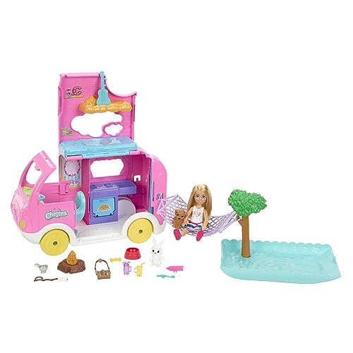 Barbie Camper, Chelsea 2-in-1 Playset with Small Doll 2 Pets & 15 Accessories