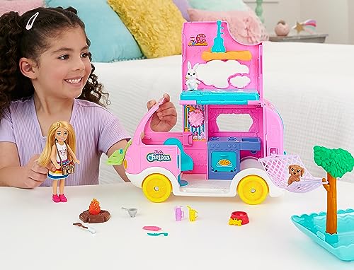 Barbie Camper, Chelsea 2-in-1 Playset with Small Doll 2 Pets & 15 Accessories