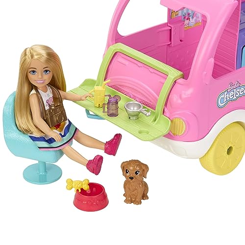 Barbie Camper, Chelsea 2-in-1 Playset with Small Doll 2 Pets & 15 Accessories