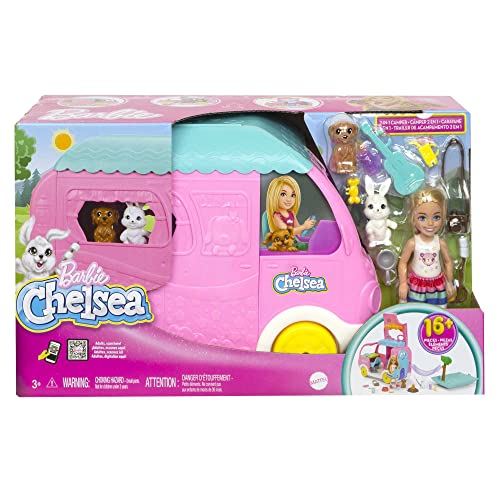 Barbie Camper, Chelsea 2-in-1 Playset with Small Doll 2 Pets & 15 Accessories