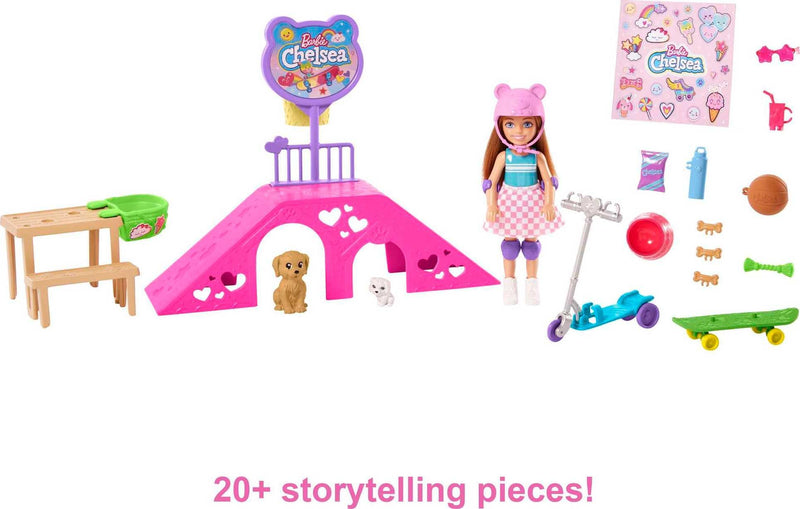 Barbie Toys, Chelsea Doll and Accessories Skatepark Playset with 2 Puppies