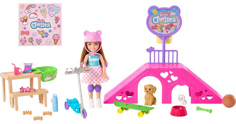 Barbie Toys, Chelsea Doll and Accessories Skatepark Playset with 2 Puppies