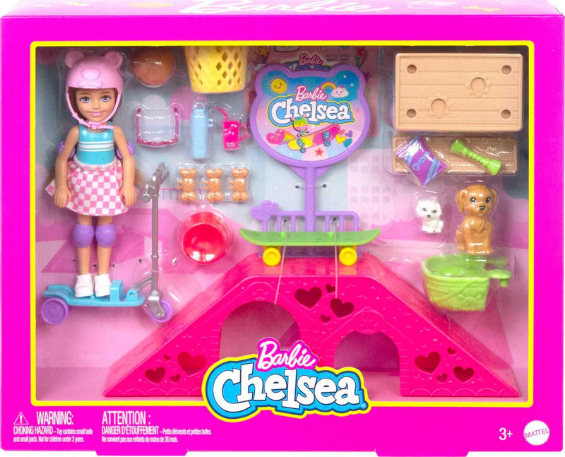 Barbie Toys, Chelsea Doll and Accessories Skatepark Playset with 2 Puppies