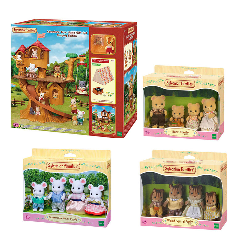 Sylvanian Adventure Tree House Gift Set Camping Edition & 3 Family Bundle Sets (3+ Years)