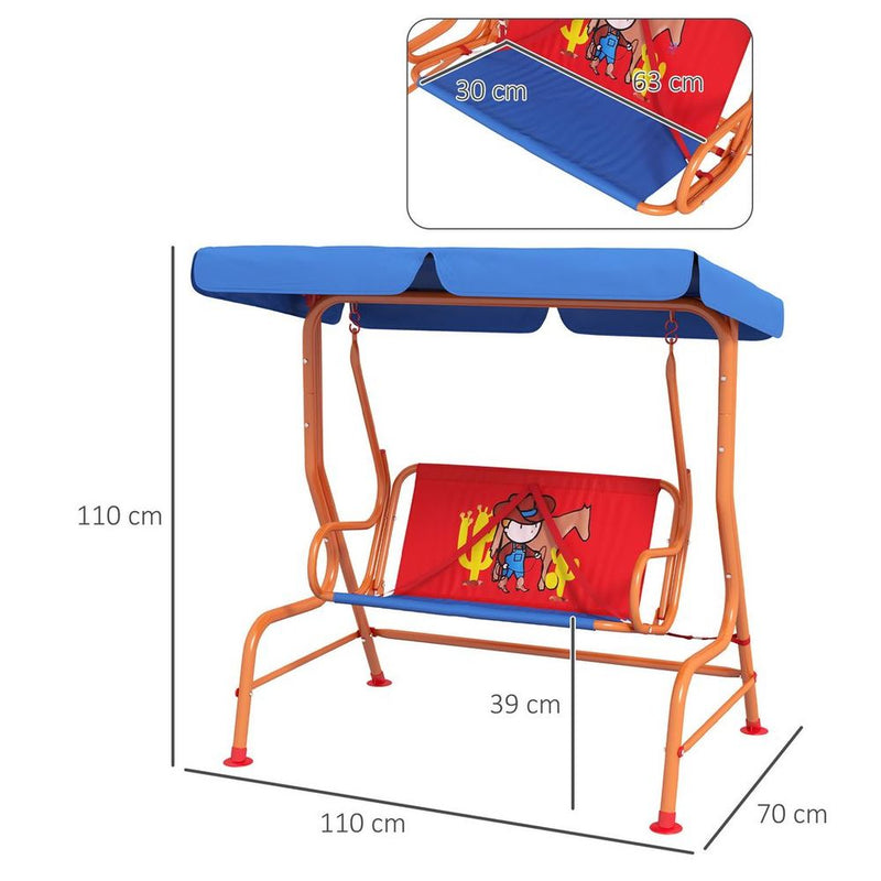 2 Seater Kids Swing Chair, Cowboy Themed with Adjustable Canopy