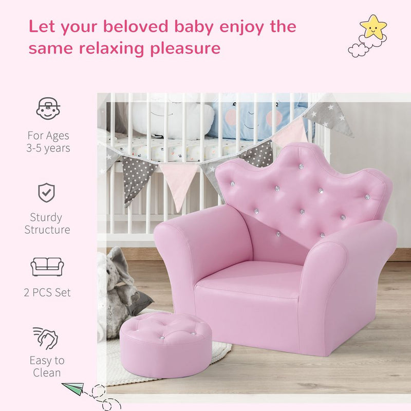 Kids Sofa Set Armchair Chair Seat With Free Footstool PU Leather Pink