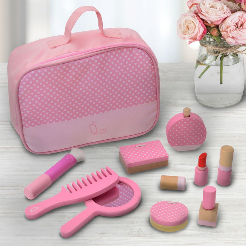 Wooden Vanity Set Makeup Kit with 10 Accessories Pink