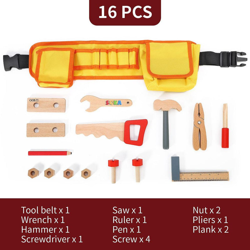 Wooden Carpenter's Tool Belt with Wooden Tools Pretend Play Builder