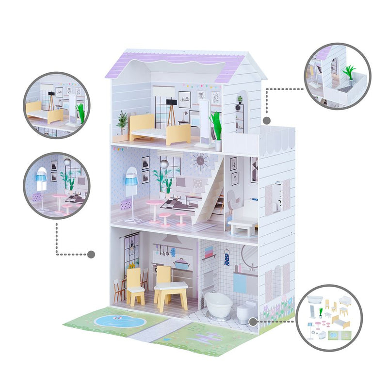 Olivia's Little World Large Kids Wooden Dolls House & 16 Accessories, Purple