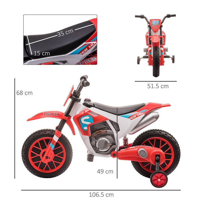 Kids Motorbike Electric Ride-On Toy w/ Training Wheels, for 3-5 Yrs - Red