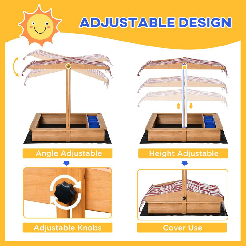 Kids Wooden Sandbox Sand Pit Height Adjustable with Canopy Basins Outsunny