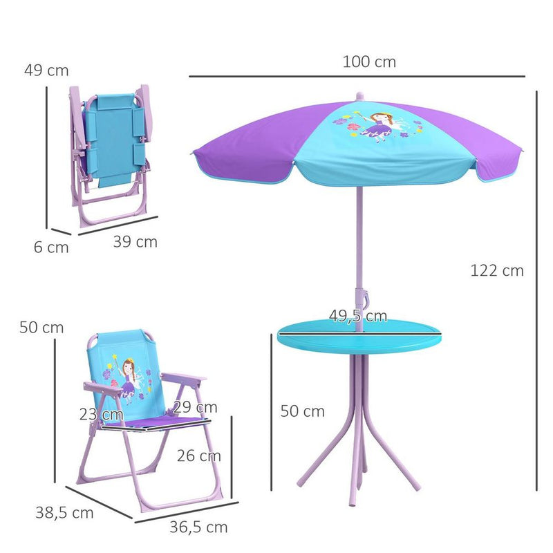 Kids Bistro Table and Chair Set with Fairy Theme, Adjustable Parasol