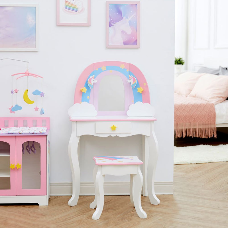 Kids Vanity Set Dressing Table with Mirror Storage & Stool