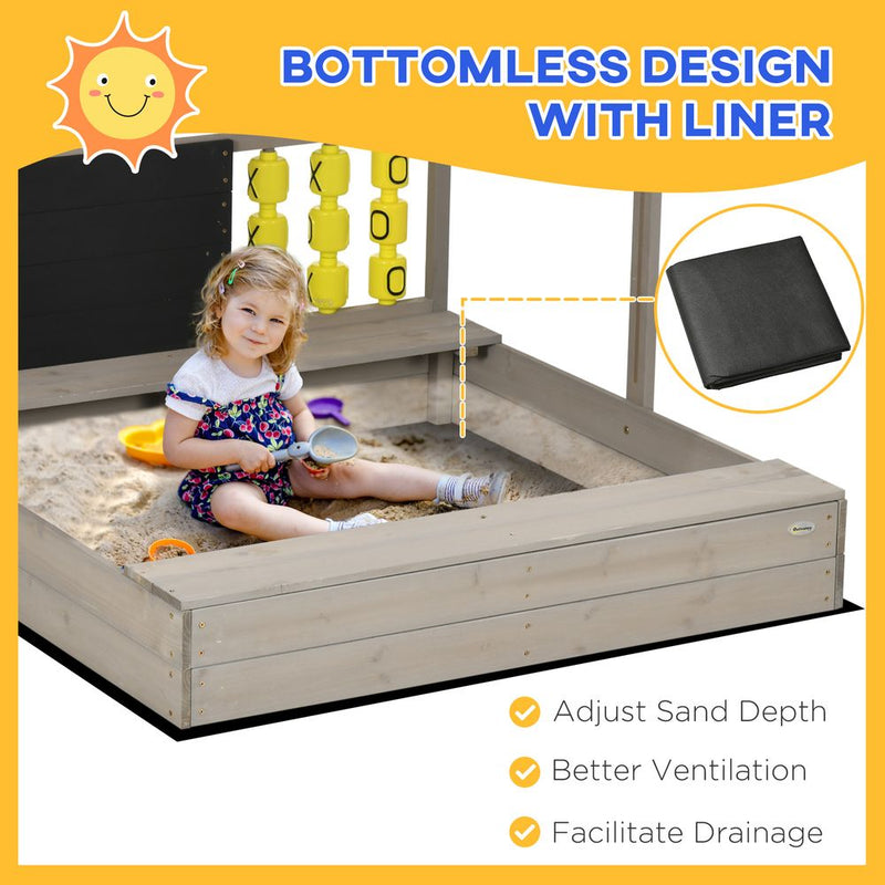 Outsunny Kids Wooden Sandpit, Sandbox w/ Canopy, Seats, for Gardens - Grey