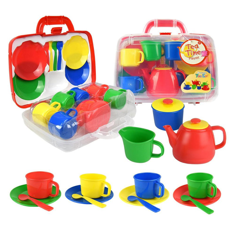 Kids 15 Piece Red Portable Plastic Tea Set with Carry Case for Age 3+