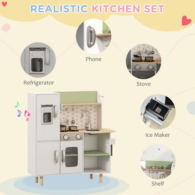 Kids Toy Kitchen Playset with Phone, Ice Maker, Stove, Sink - White