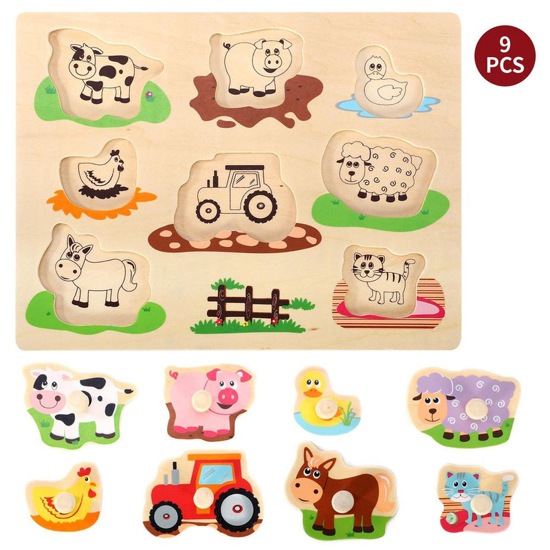 Wooden Farm Animals Peg  Montessori Jigsaw Puzzle Board