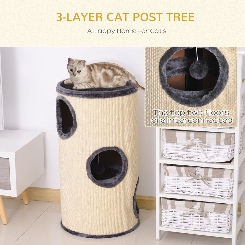 Cat Scratching Barrel Sisal Activity Center 3 Dens Observation Deck 70H Pawhut