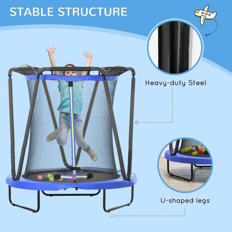 ZONEKIZ 4.6FT Kids Trampoline with Enclosure, Basketball, Sea Balls - Blue