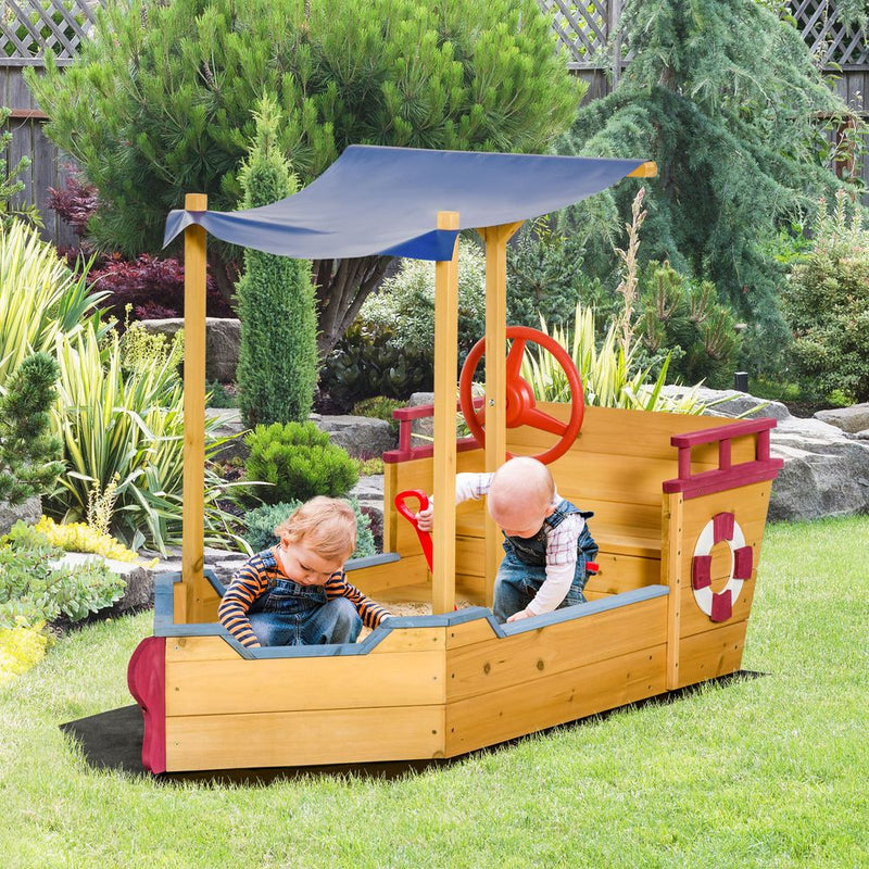 Kids Wooden Sand Pit Sandbox Pirate Sandboat Outdoor w/ Canopy Shade