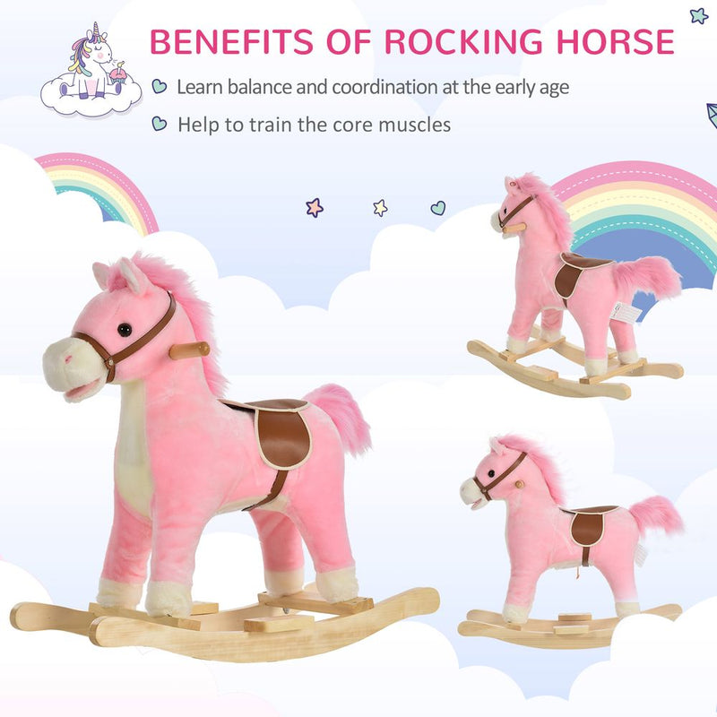 Kids Plush Rocking Horse w/ Moving Mouth Tail Sounds 18-36 Months Pink HOMCOM