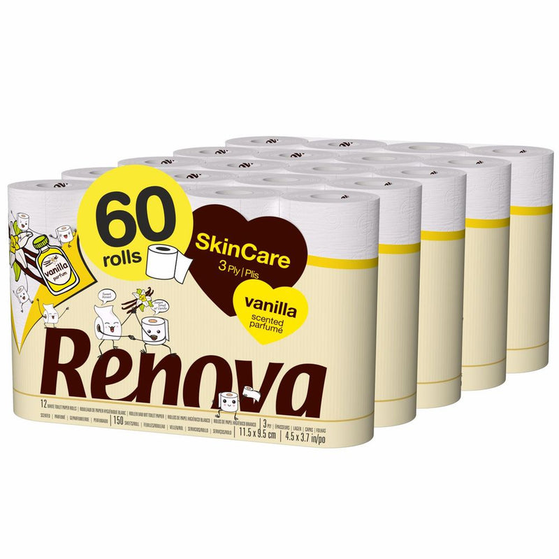 Renova Skincare 60 Toilet Rolls - Soft 3 Ply Quilted Vanilla Scent Tissues