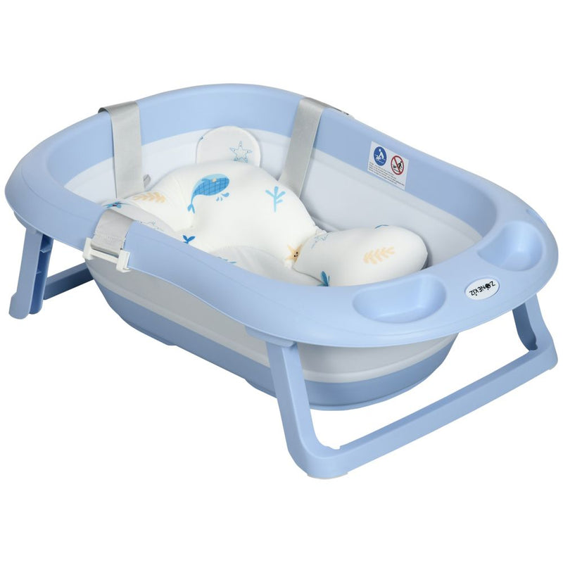 Foldable Baby Bathtub w/ Non-Slip Support Legs, Cushion, Shower Holder - Blue