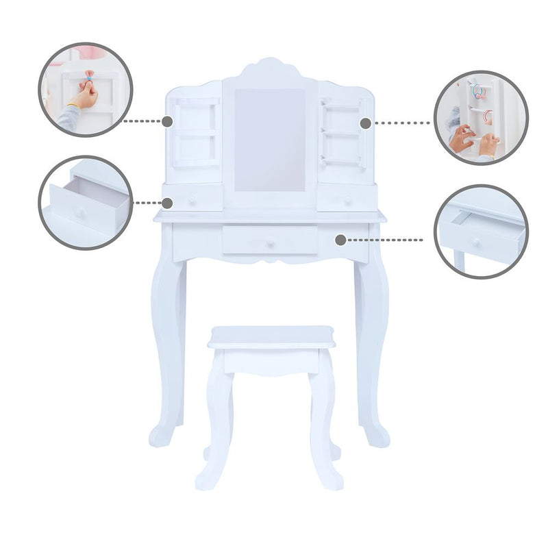 Kids Dressing Table Vanity Set, Mirror & Stool White