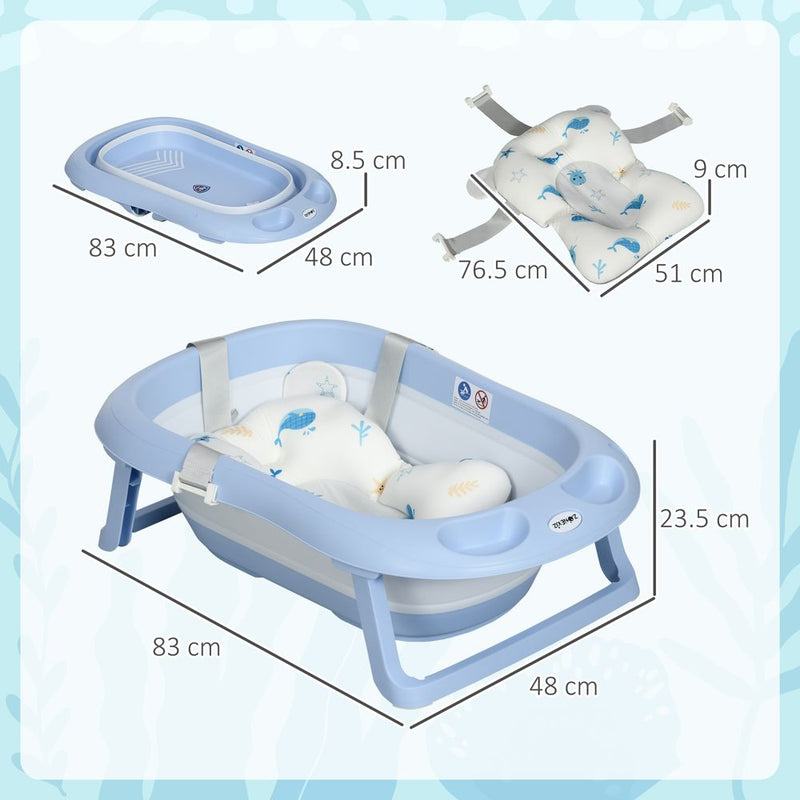 Foldable Baby Bathtub w/ Non-Slip Support Legs, Cushion, Shower Holder - Blue