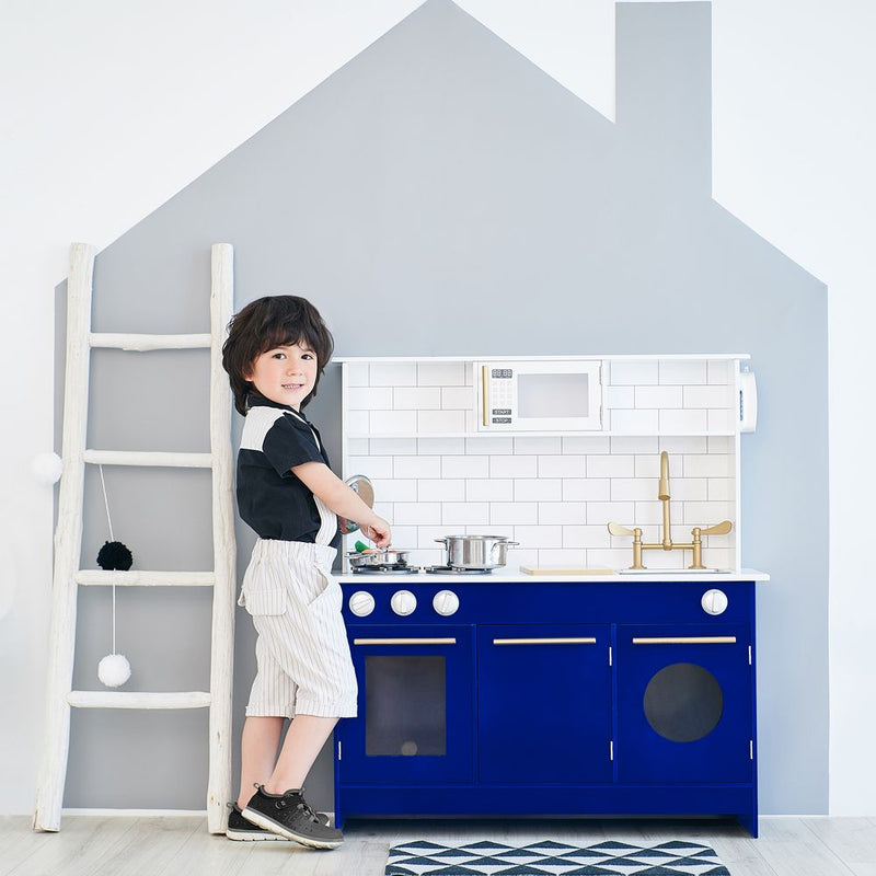 Blue Kids Toy Kitchen Wooden Cooker Children Imitation Playset