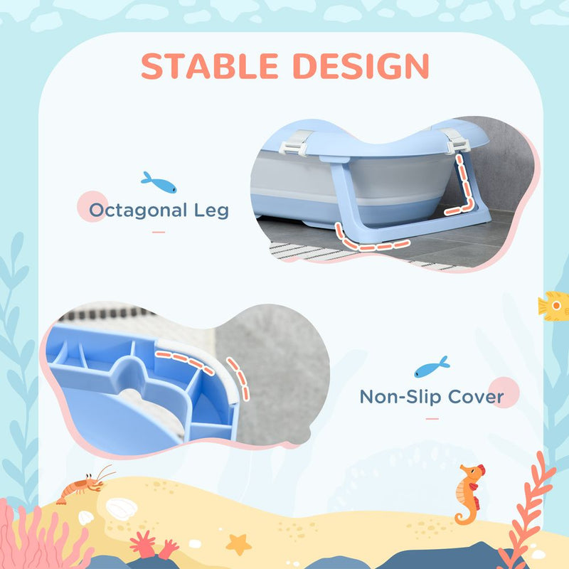 Foldable Baby Bathtub w/ Non-Slip Support Legs, Cushion, Shower Holder - Blue