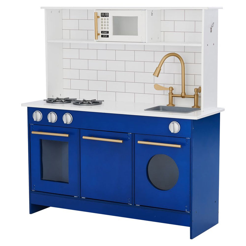 Blue Kids Toy Kitchen Wooden Cooker Children Imitation Playset