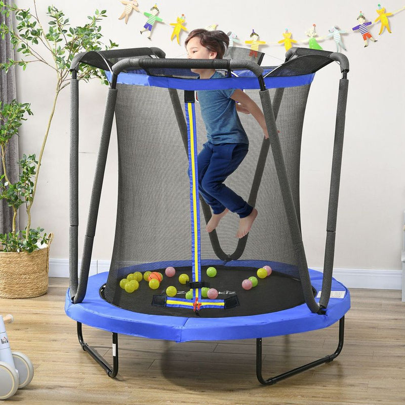 ZONEKIZ 4.6FT Kids Trampoline with Enclosure, Basketball, Sea Balls - Blue