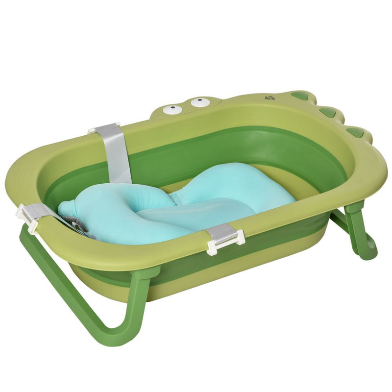 Baby Bath Tub for Toddler Foldable w/ Baby Cushion for 0-3 Years Green