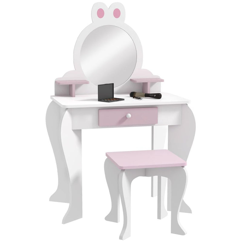 Kids Dressing Table with Mirror and Stool, Drawer, Storage Shelf - White