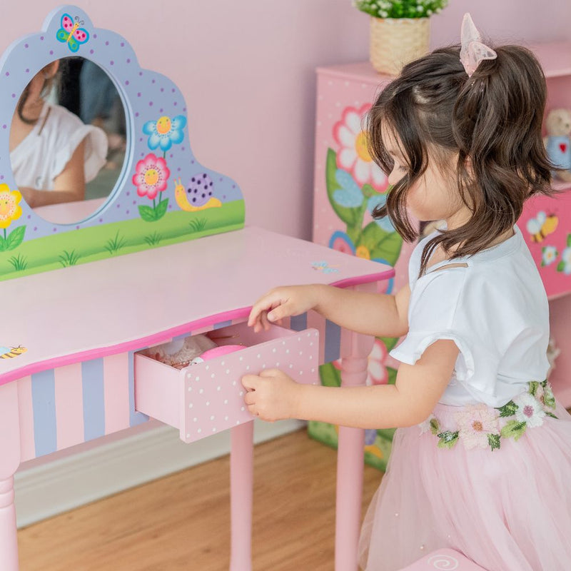 Kids Play Wooden Vanity Table, Stool Set & Mirror T