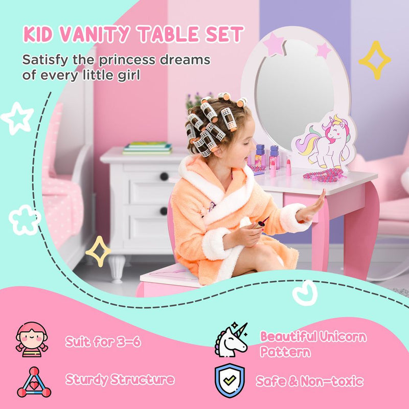 Kids Dressing Table Girls Vanity Set w/ Mirror and Stool Unicorn-Designed