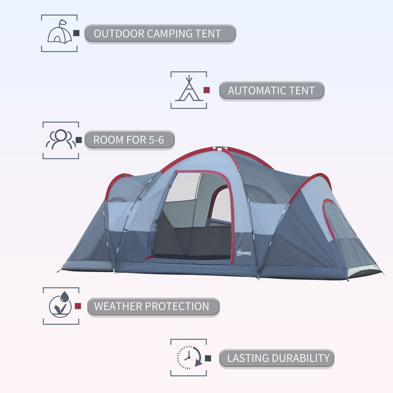 Outdoor  Camping Tent For 5-6 W/ Bag, Fiberglass & Steel Frame Outsunny