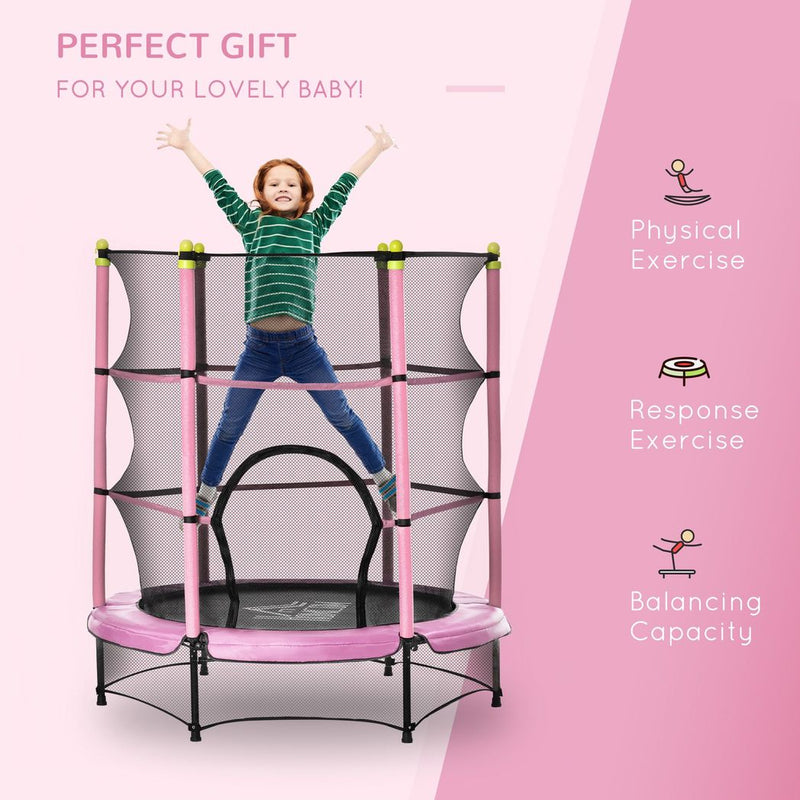 HOMCOM 5.2FT Kids Trampoline with Safety Enclosure, Indoor Outdoor - Pink