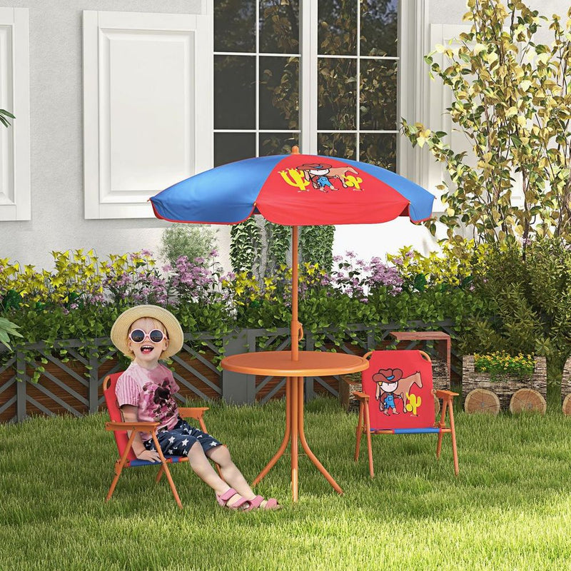 Kids Bistro Table and Chair Set with Cowboy Theme Adjustable Parasol