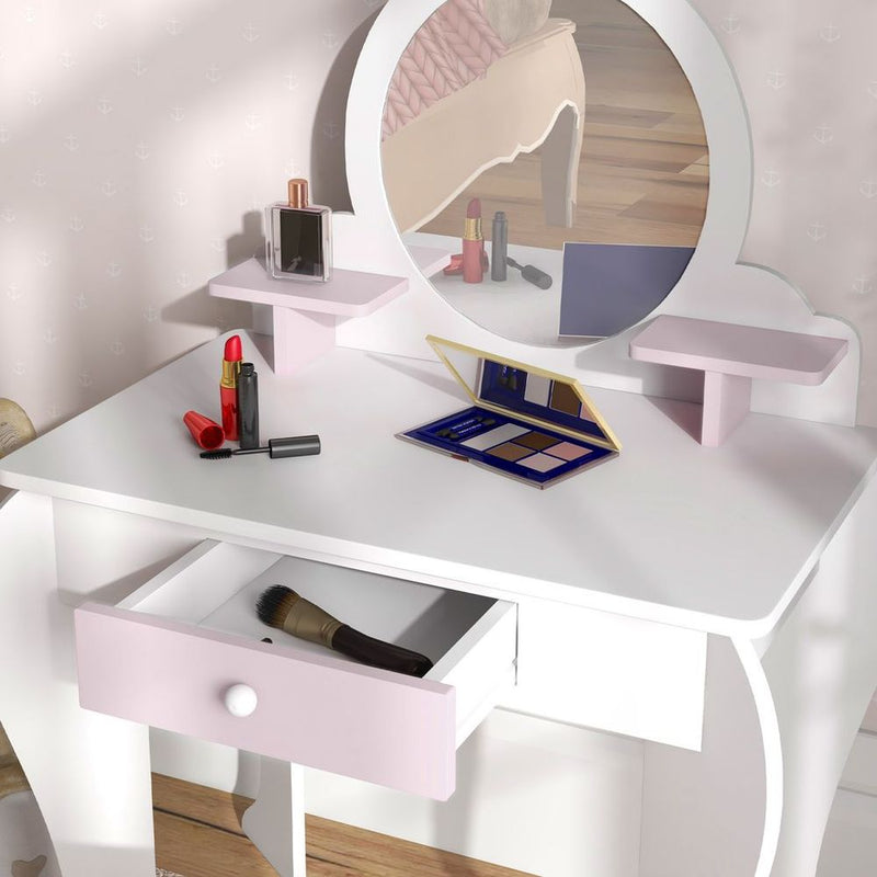 Kids Dressing Table with Mirror and Stool, Drawer, Storage Shelf - White