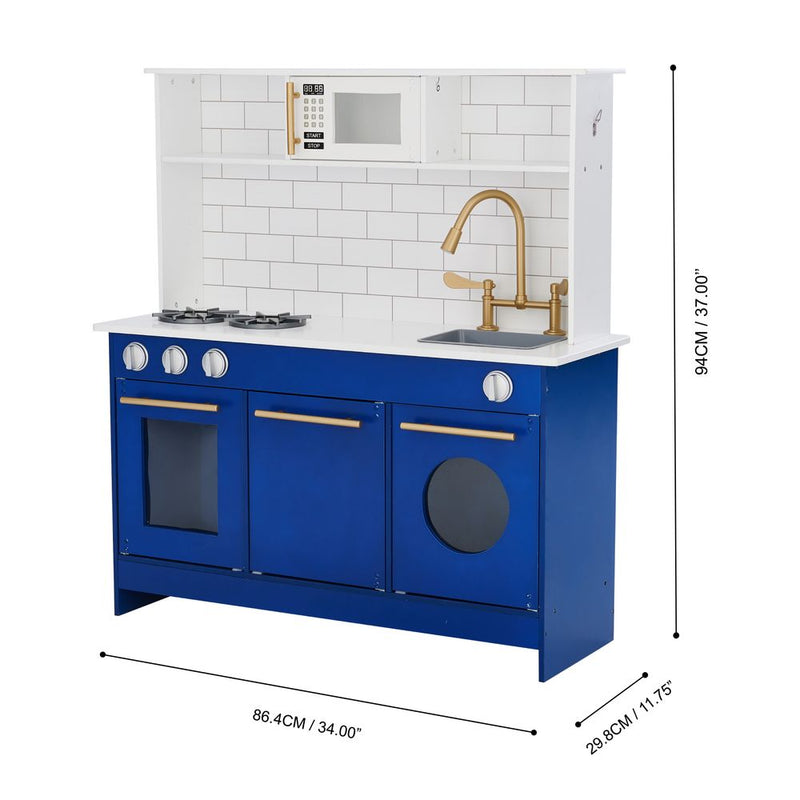 Blue Kids Toy Kitchen Wooden Cooker Children Imitation Playset