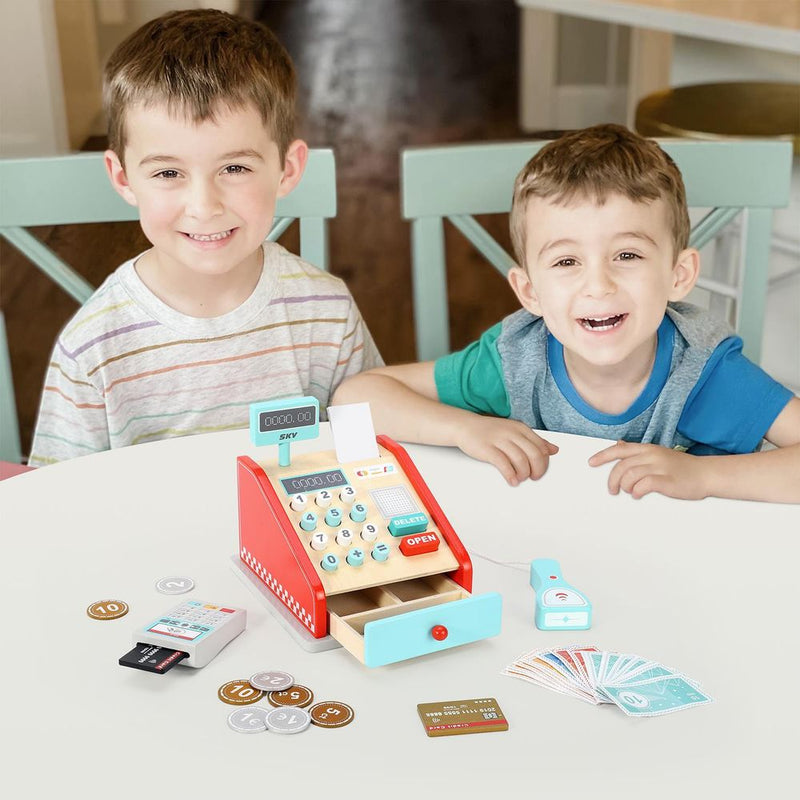 Cash Register Red and Mint Wooden Classic Cashier Role Playset for Kids 3+