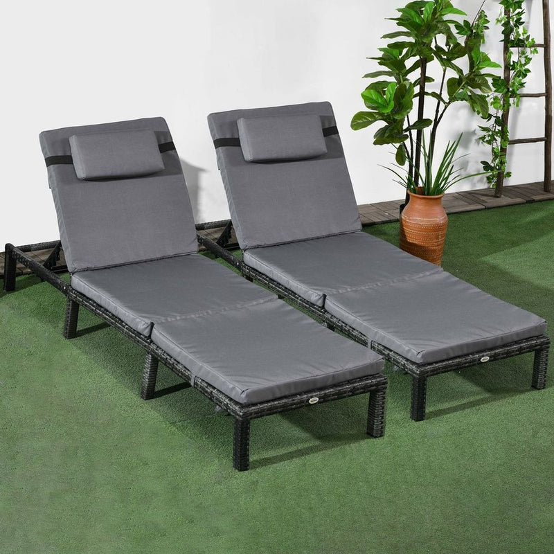 Outsunny 2 Pieces Rattan Sun Loungers with Padded Cushion for Poolside