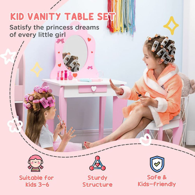 ZONEKIZ Kids Vanity Set w/ Mirror, Drawer, Cute Patterns, for Girls - Pink