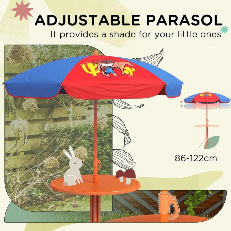 Kids Bistro Table and Chair Set with Cowboy Theme Adjustable Parasol