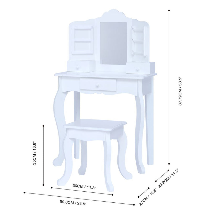 Kids Dressing Table Vanity Set, Mirror & Stool White