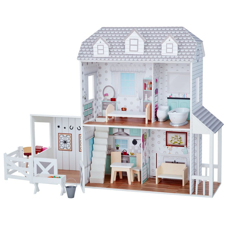 Olivia's Little World Large Kids Wooden Dolls House with Stable & 14 Accessories