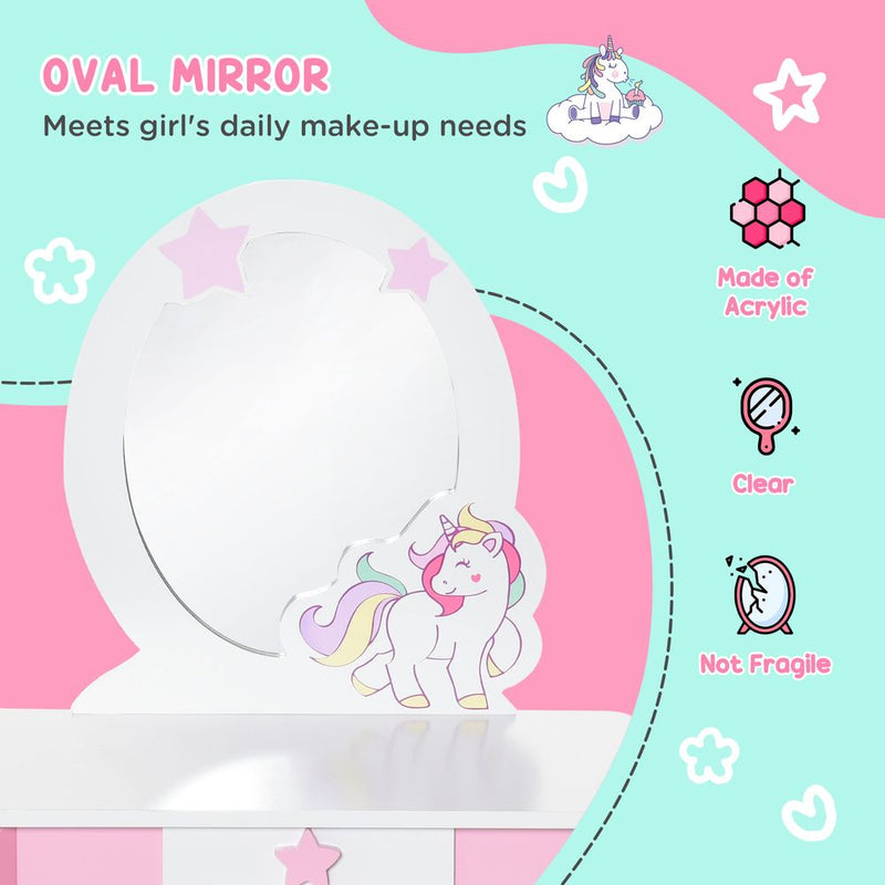 Kids Dressing Table Girls Vanity Set w/ Mirror and Stool Unicorn-Designed